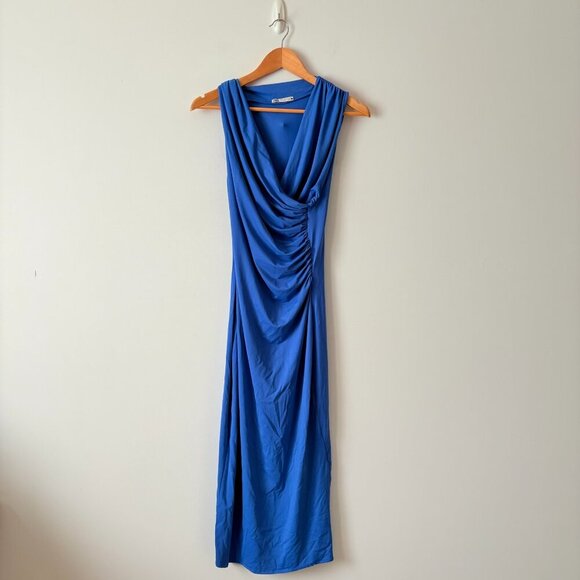 Zara Draped Stretch Midi Dress Blue Size Medium Blogger Fav - Picture 5 of 8